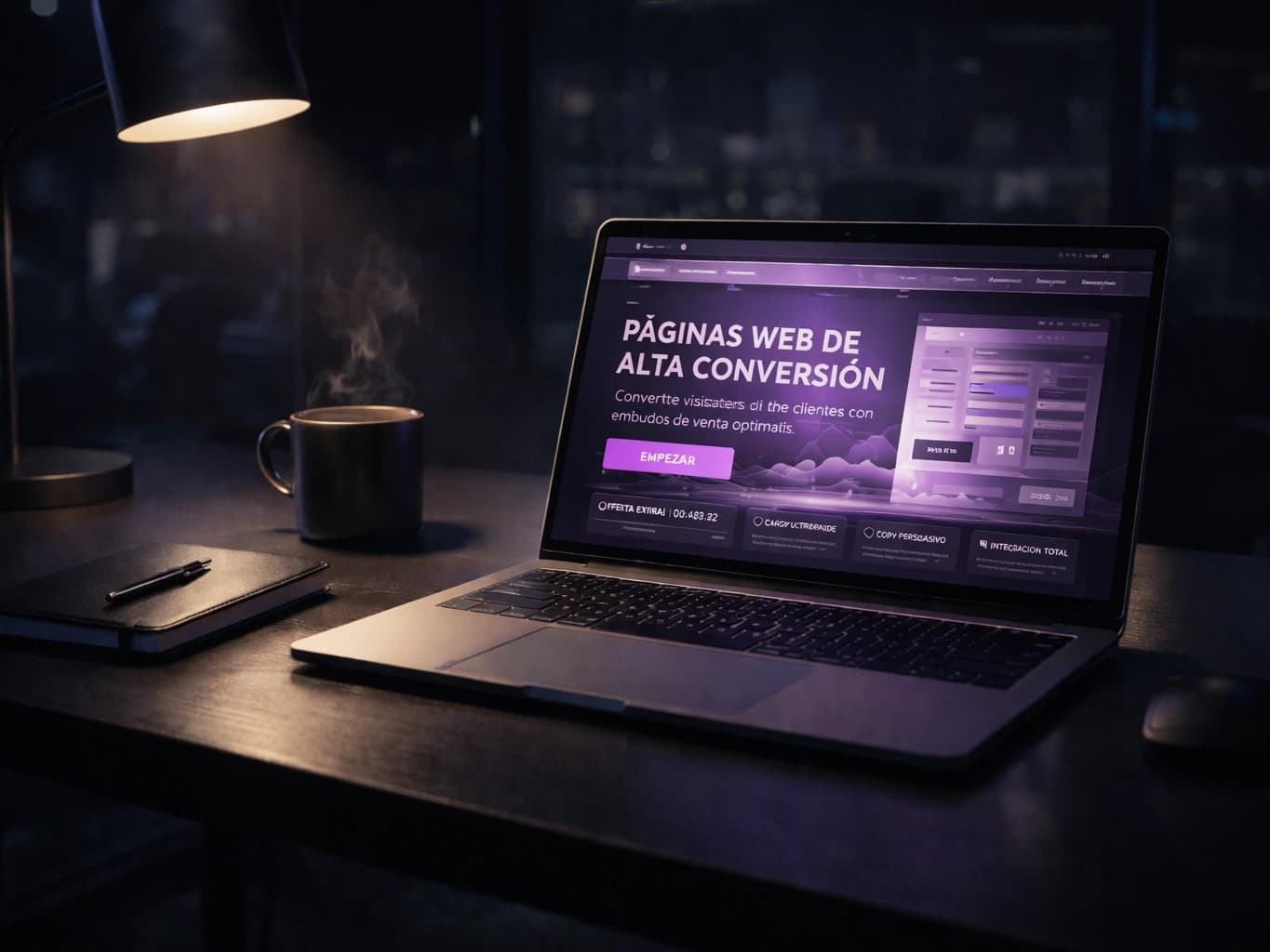 Laptop moderna mostrando el wireframe de una página web optimizada para conversiones B2B en un escritorio elegante.