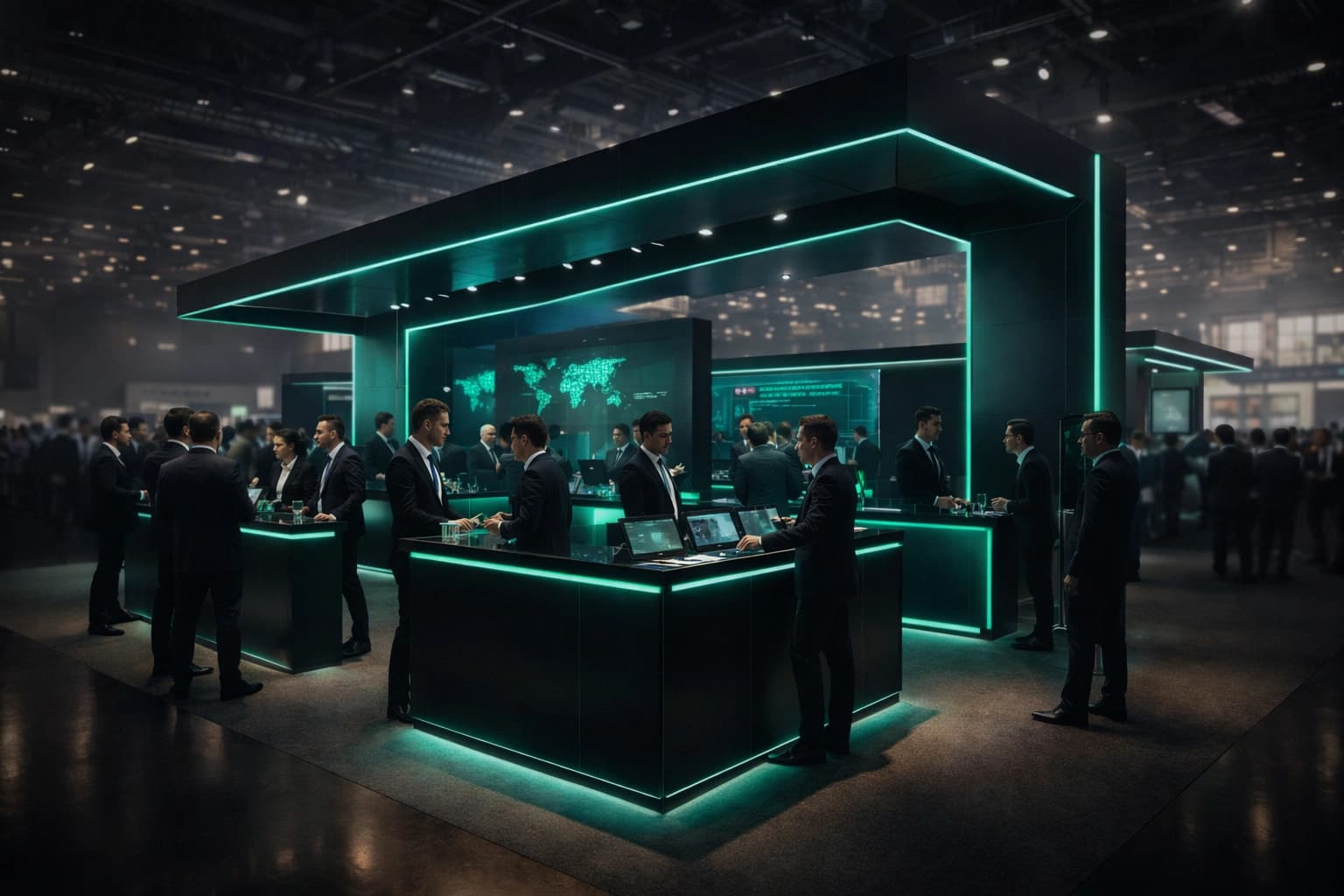 Stand corporativo premium y material POP para marketing BTL en una exposición de negocios de alto nivel.